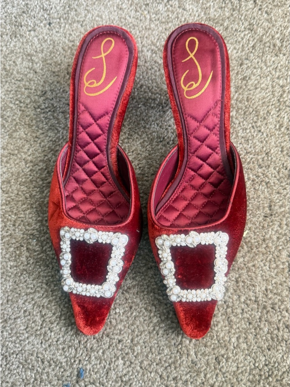 Sam Edelman Women’s Red Velvet Slip-On Heels with Crystal Buckle ,size 5